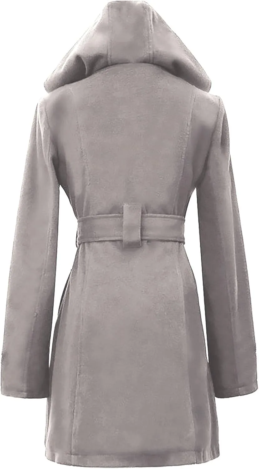 TIMIFIS Womens Trench Coats with Hood Plus Size Double Breasted Wool Jackets Plaid Warm Pea Coats with Belt Pockets