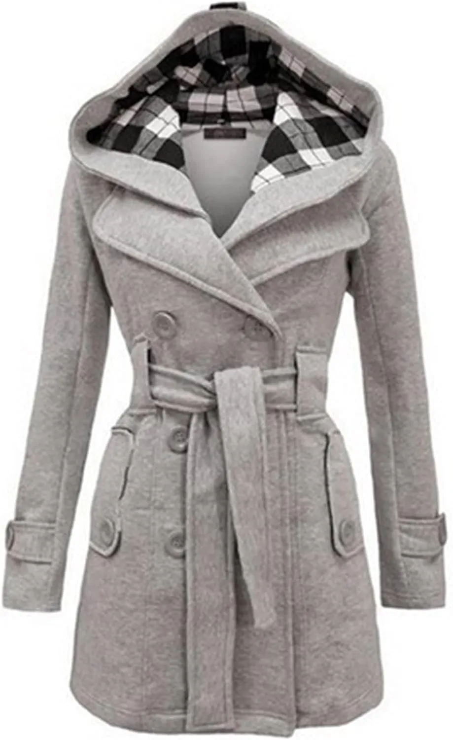 TIMIFIS Womens Trench Coats with Hood Plus Size Double Breasted Wool Jackets Plaid Warm Pea Coats with Belt Pockets