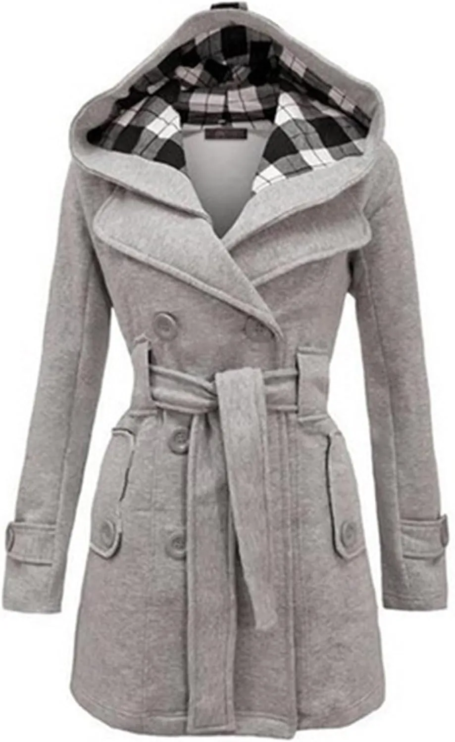 TIMIFIS Womens Trench Coats with Hood Plus Size Double Breasted Wool Jackets Plaid Warm Pea Coats with Belt Pockets