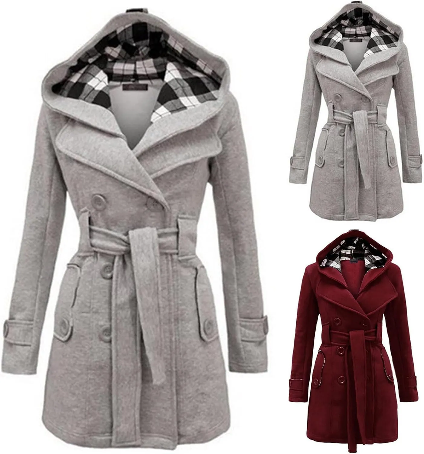 TIMIFIS Womens Trench Coats with Hood Plus Size Double Breasted Wool Jackets Plaid Warm Pea Coats with Belt Pockets