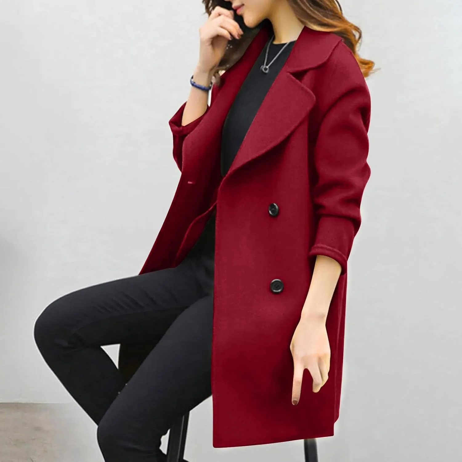 TIMIFIS Wool Coats for Women Winter Plus Size Trench Coat Casual Lapel Button Long Jacket Solid Color Soft Warm Outerwear