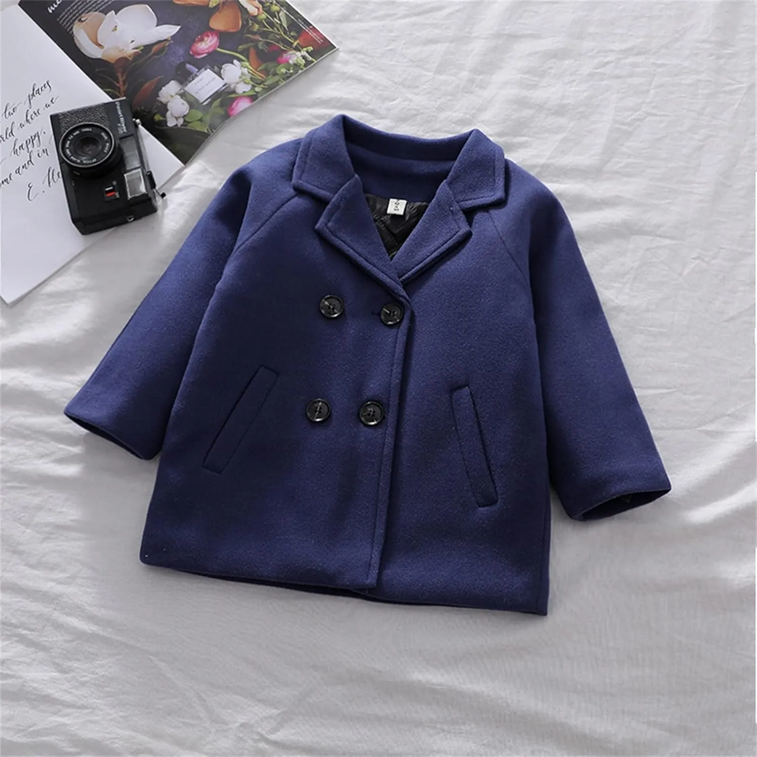 Toddler Boys Trench Coat Double Breasted Notched Wool Lapel Peacoat Baby Boys Long Winter Coat Faux Fur Jacket Overcoat