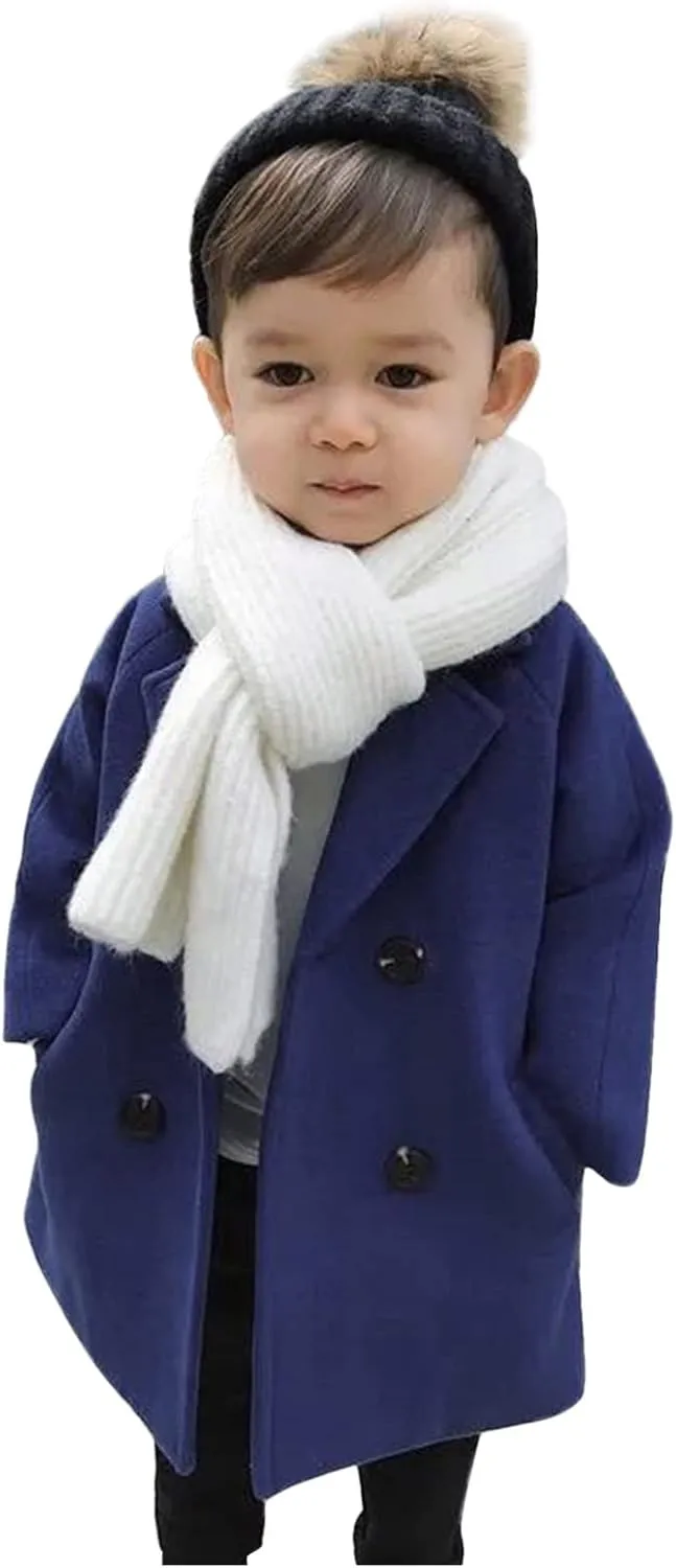 Toddler Boys Trench Coat Double Breasted Notched Wool Lapel Peacoat Baby Boys Long Winter Coat Faux Fur Jacket Overcoat