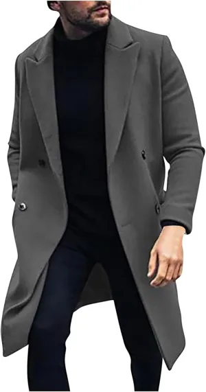 Trench Coat for Men Fashion Wool Blends Single Breasted Notched Collar Pea Coat Cotton-Padded Slim Fit Coat for Winter
