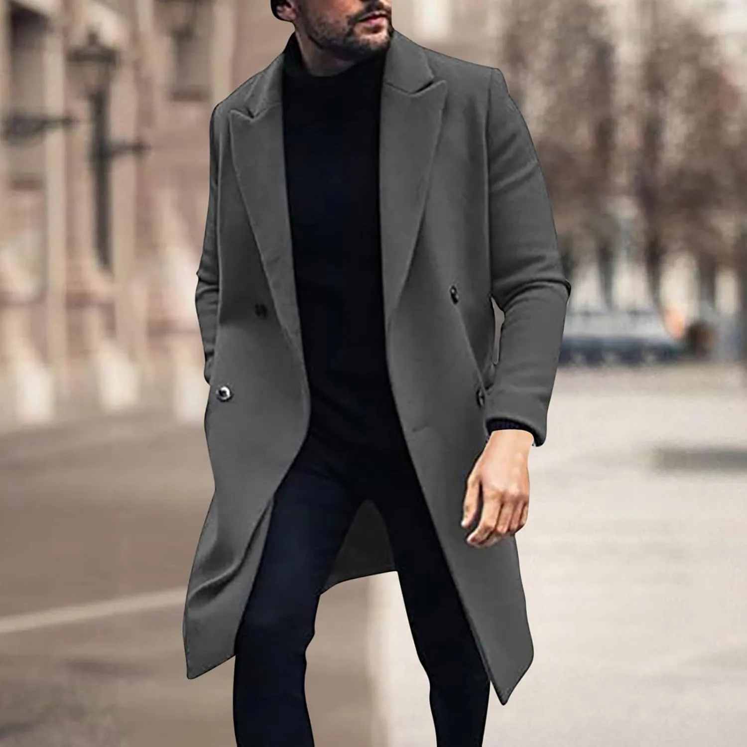 Trench Coat for Men Fashion Wool Blends Single Breasted Notched Collar Pea Coat Cotton-Padded Slim Fit Coat for Winter