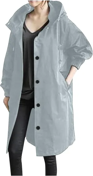 Trench Coats Women Plus Size Rain Jacket Long Anorak Jackets Oversized Hooded Waterproof Windbreaker Button Outerwear