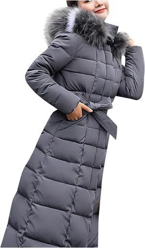 tuduoms Women's Winter over Knee Coats Maxi Hooded Slim Puffer Down Coat Cotton Padded Quilted Zip Long Snow Jacket Outwear