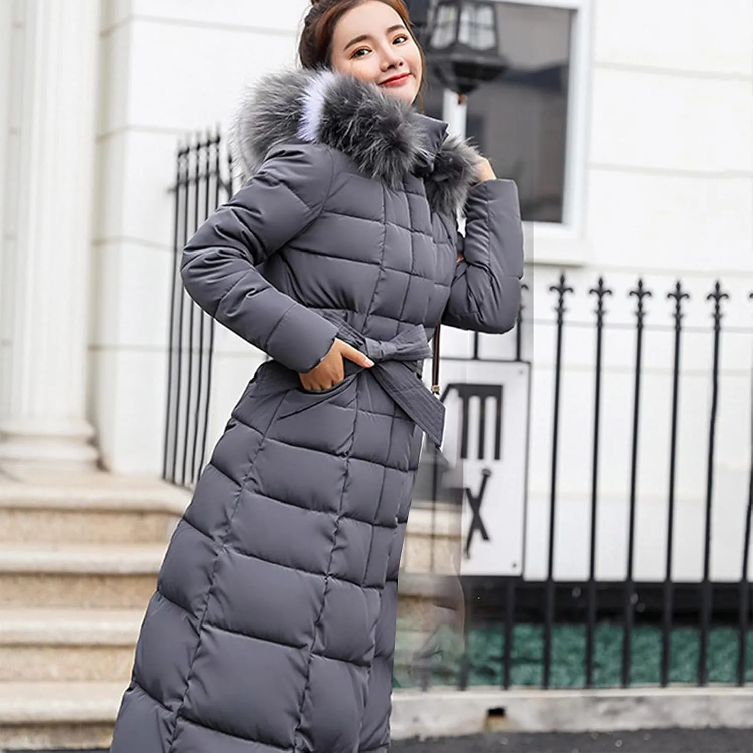 tuduoms Women's Winter over Knee Coats Maxi Hooded Slim Puffer Down Coat Cotton Padded Quilted Zip Long Snow Jacket Outwear
