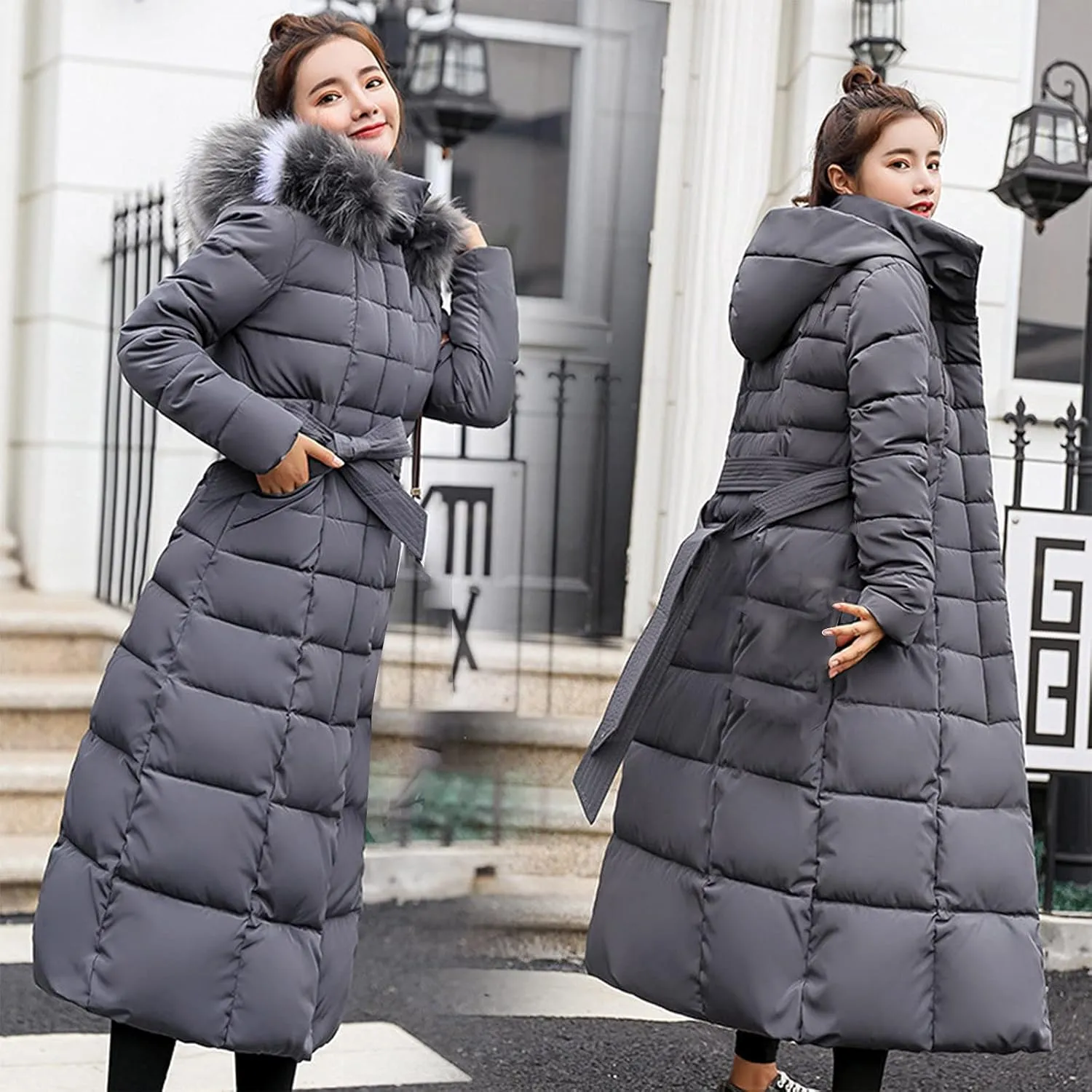 tuduoms Women's Winter over Knee Coats Maxi Hooded Slim Puffer Down Coat Cotton Padded Quilted Zip Long Snow Jacket Outwear