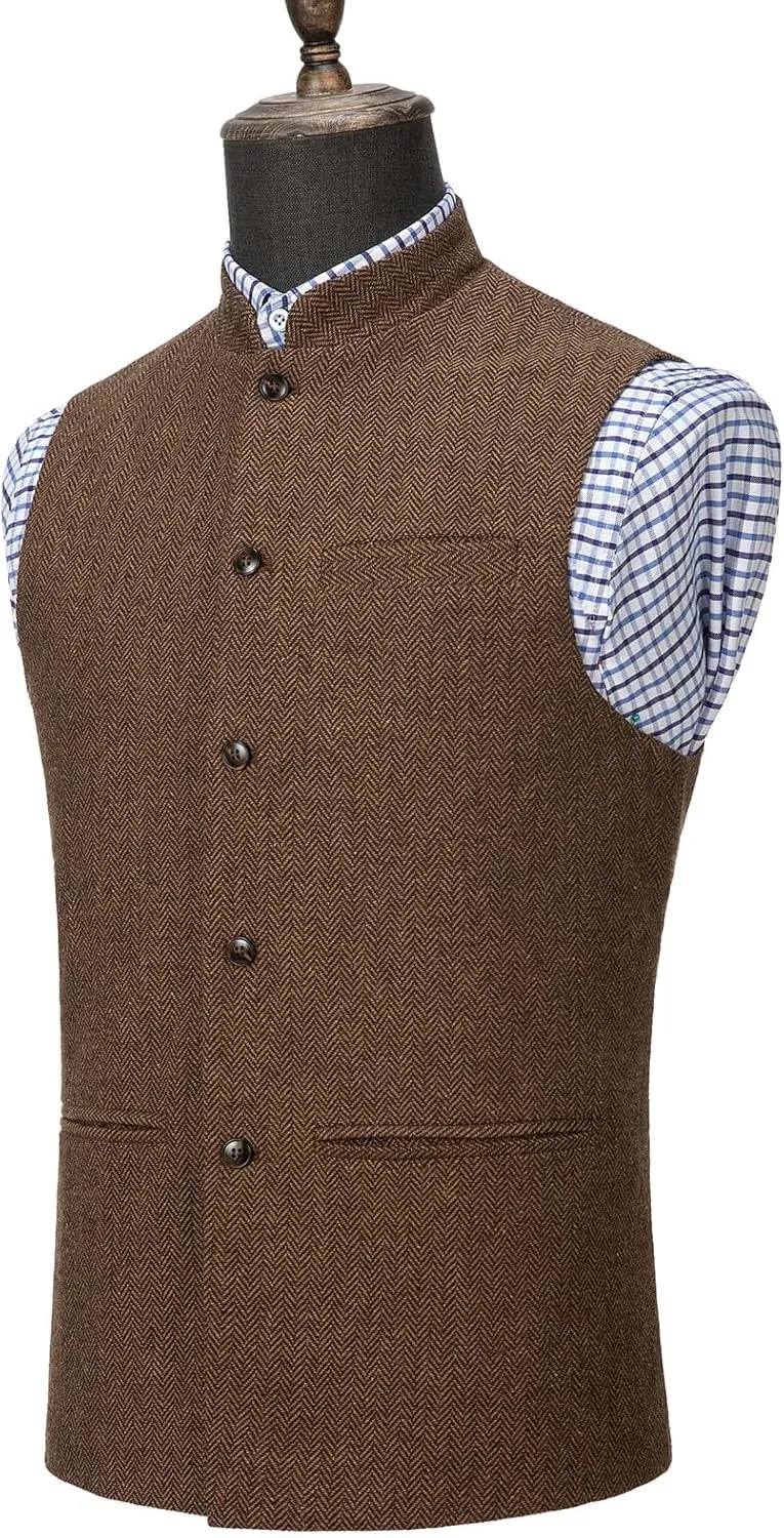 Tuikayoo Mens Herringbone Wool Vests Suit Business Tweed High Collar Waistcoats Slim Fit