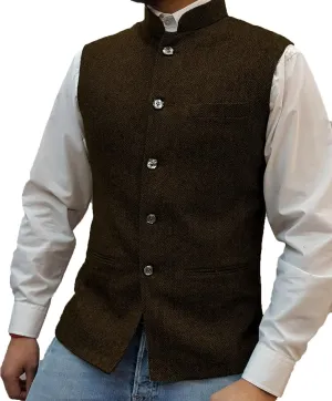 Tuikayoo Mens Herringbone Wool Vests Suit Business Tweed High Collar Waistcoats Slim Fit