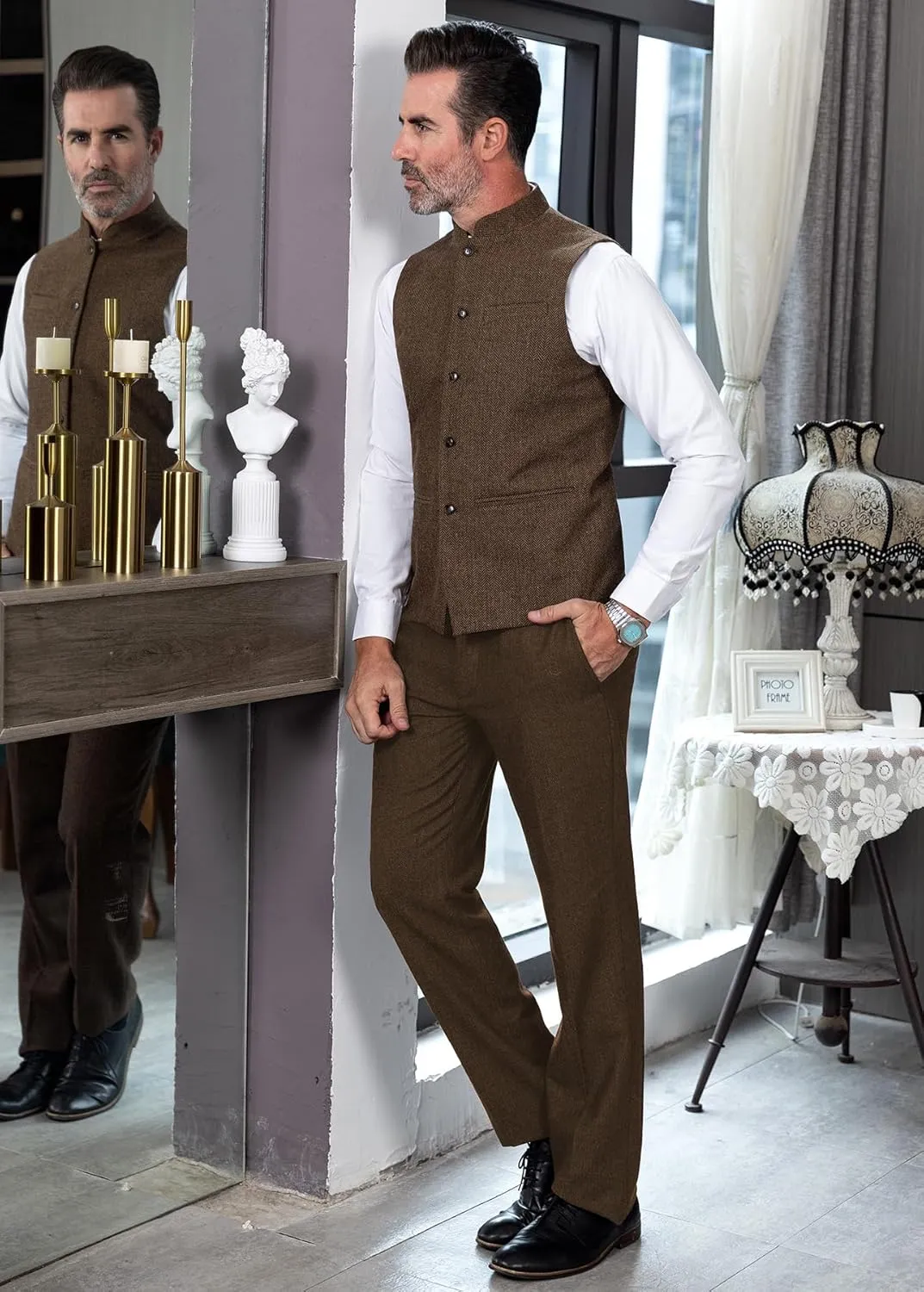 Tuikayoo Mens Herringbone Wool Vests Suit Business Tweed High Collar Waistcoats Slim Fit