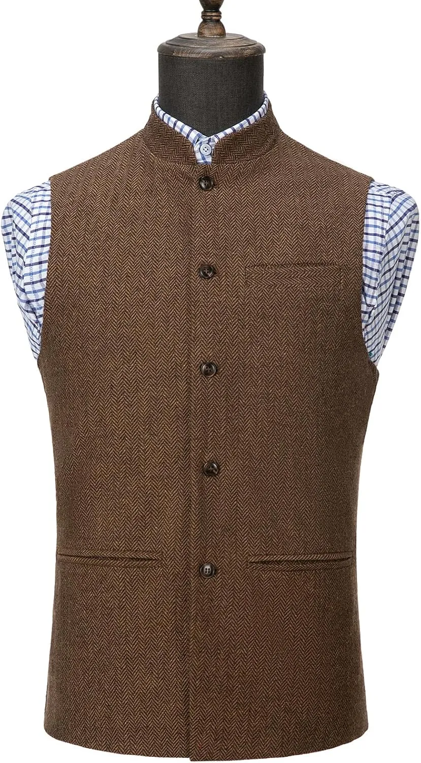 Tuikayoo Mens Herringbone Wool Vests Suit Business Tweed High Collar Waistcoats Slim Fit