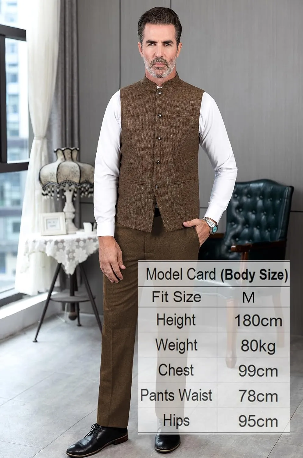 Tuikayoo Mens Herringbone Wool Vests Suit Business Tweed High Collar Waistcoats Slim Fit