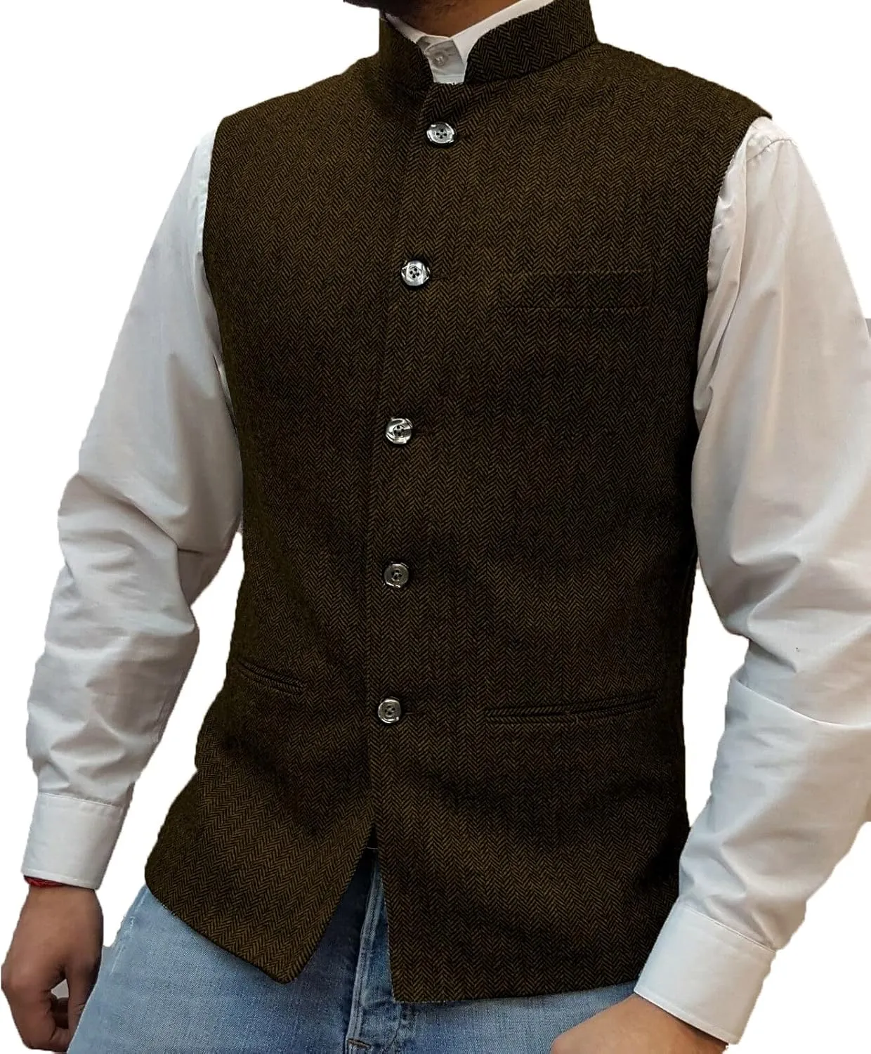 Tuikayoo Mens Herringbone Wool Vests Suit Business Tweed High Collar Waistcoats Slim Fit