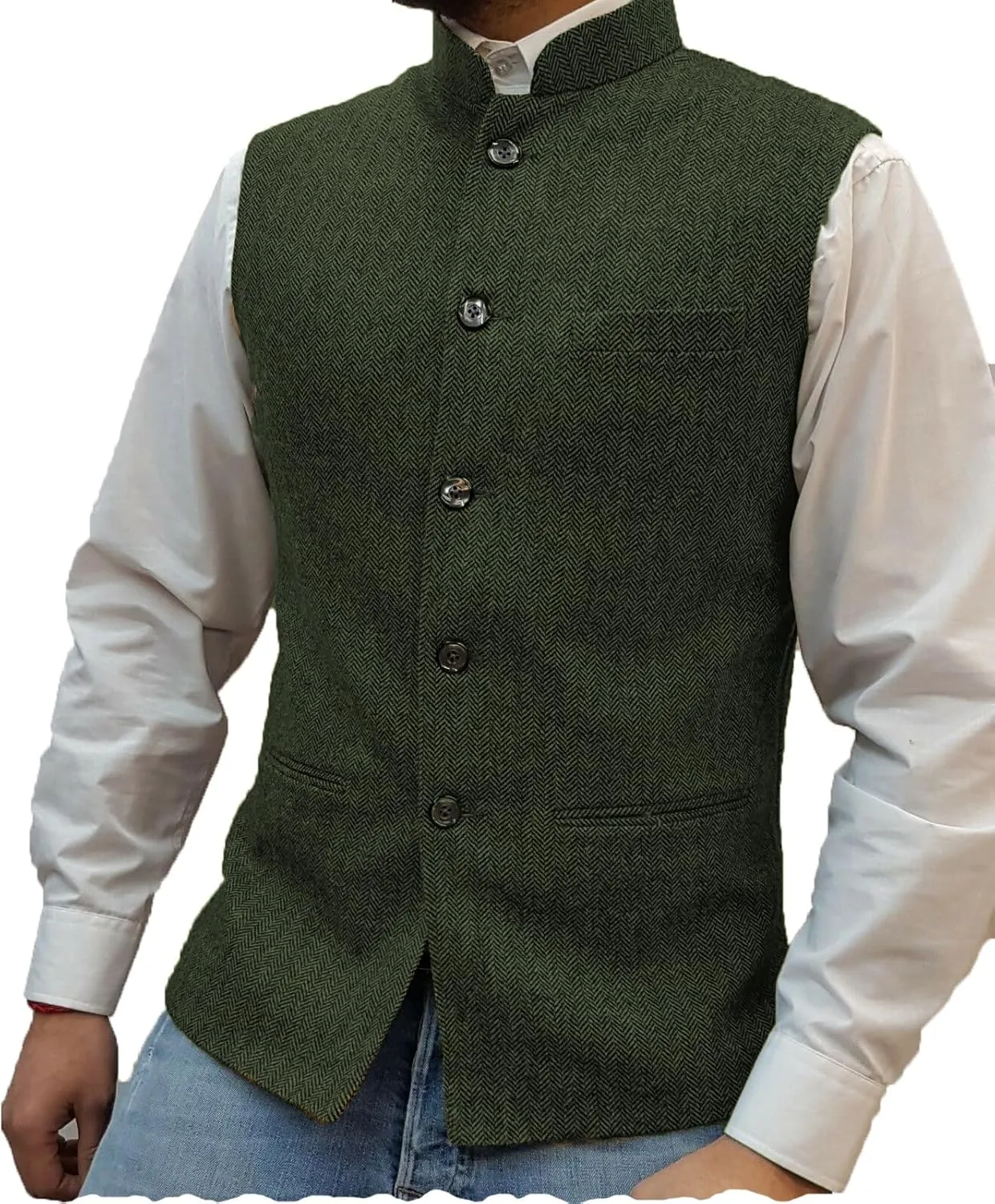 Tuikayoo Mens Herringbone Wool Vests Suit Business Tweed High Collar Waistcoats Slim Fit