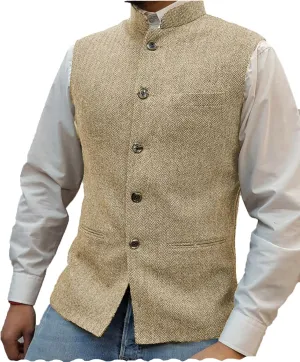 Tuikayoo Mens Herringbone Wool Vests Suit Business Tweed High Collar Waistcoats Slim Fit
