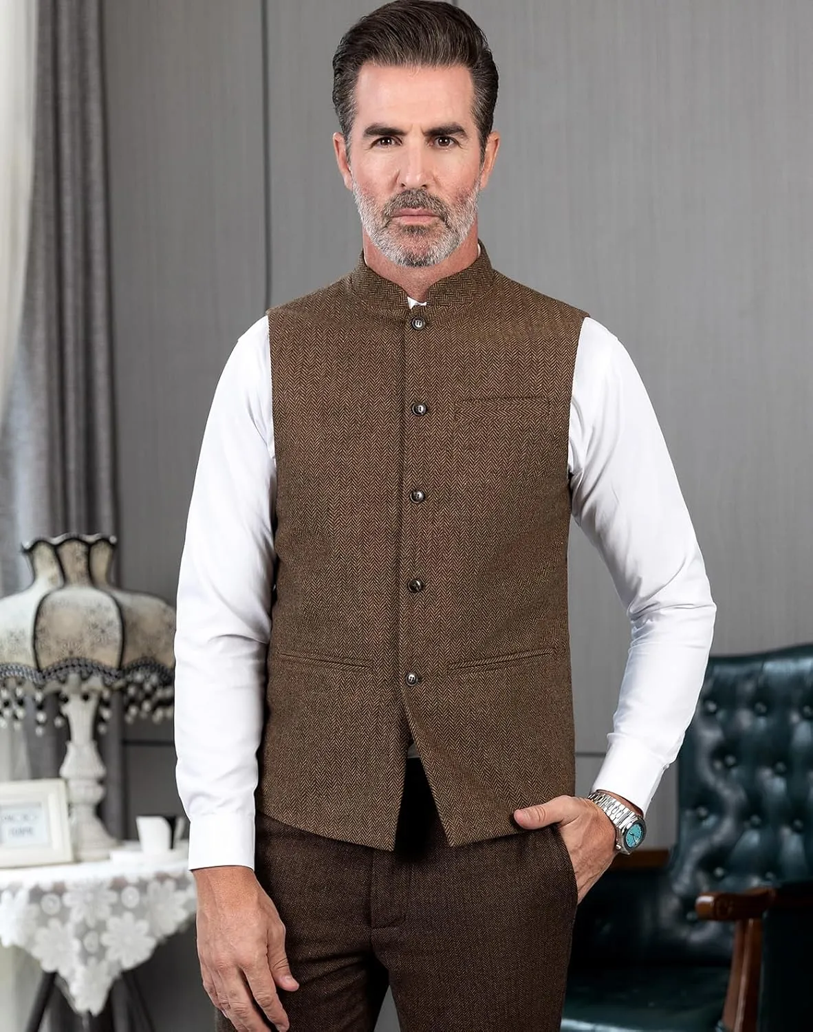 Tuikayoo Mens Herringbone Wool Vests Suit Business Tweed High Collar Waistcoats Slim Fit