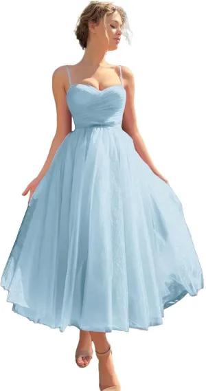 Tulle Tea Length Prom Dress with Pockets Sweetheart A Line Spaghetti Straps Formal Party Gown
