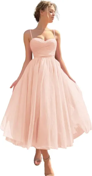 Tulle Tea Length Prom Dress with Pockets Sweetheart A Line Spaghetti Straps Formal Party Gown