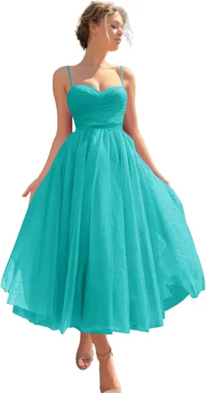 Tulle Tea Length Prom Dress with Pockets Sweetheart A Line Spaghetti Straps Formal Party Gown