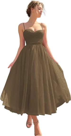 Tulle Tea Length Prom Dress with Pockets Sweetheart A Line Spaghetti Straps Formal Party Gown