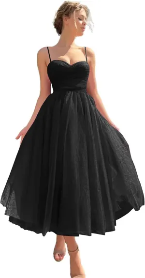 Tulle Tea Length Prom Dress with Pockets Sweetheart A Line Spaghetti Straps Formal Party Gown