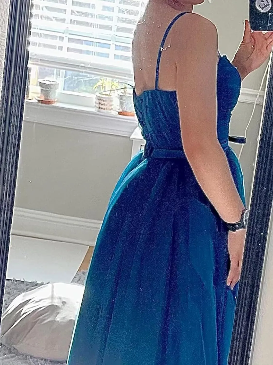 Tulle Tea Length Prom Dress with Pockets Sweetheart A Line Spaghetti Straps Formal Party Gown