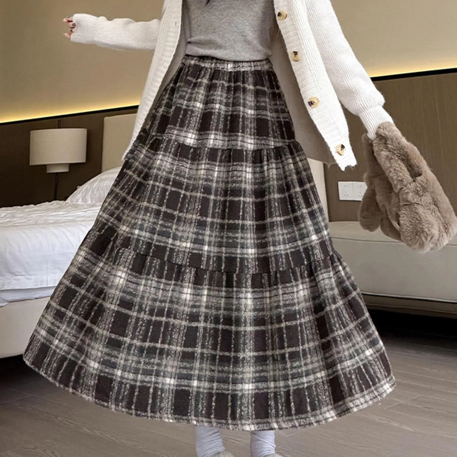 Tweed Skirts for Women Splicing Patchwork High Waisted Elastic Over Keen Length Skirt Plus Size Flowy Skirt Fashion