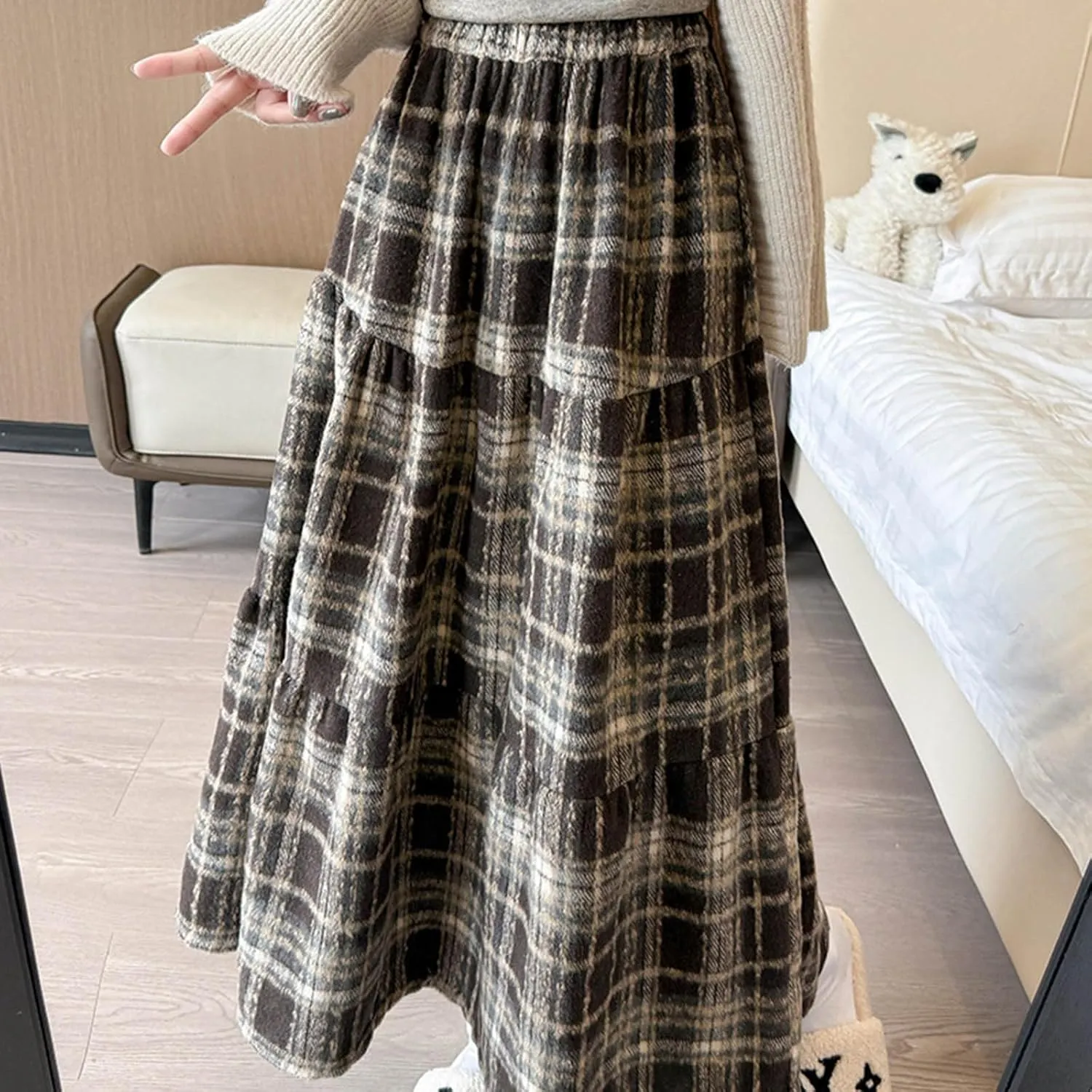 Tweed Skirts for Women Splicing Patchwork High Waisted Elastic Over Keen Length Skirt Plus Size Flowy Skirt Fashion