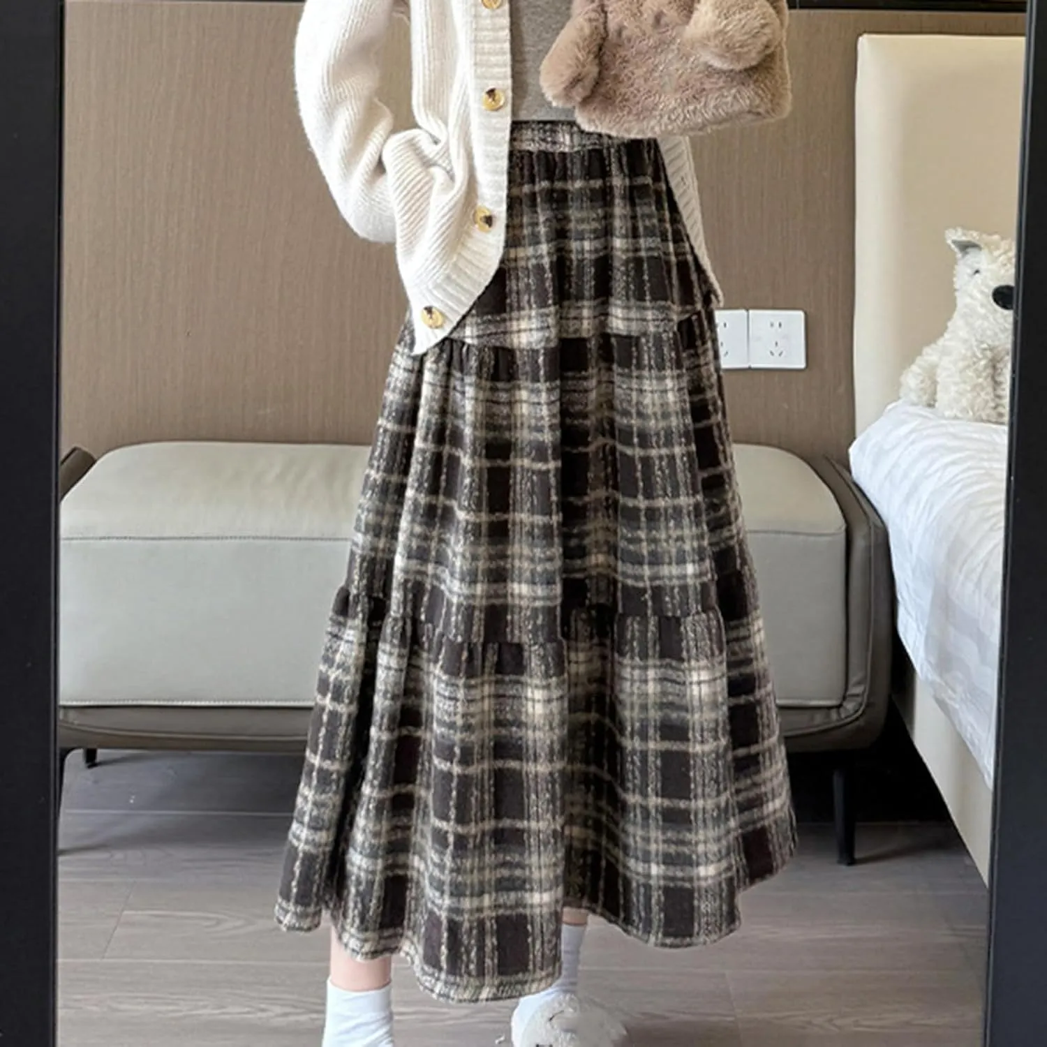 Tweed Skirts for Women Splicing Patchwork High Waisted Elastic Over Keen Length Skirt Plus Size Flowy Skirt Fashion