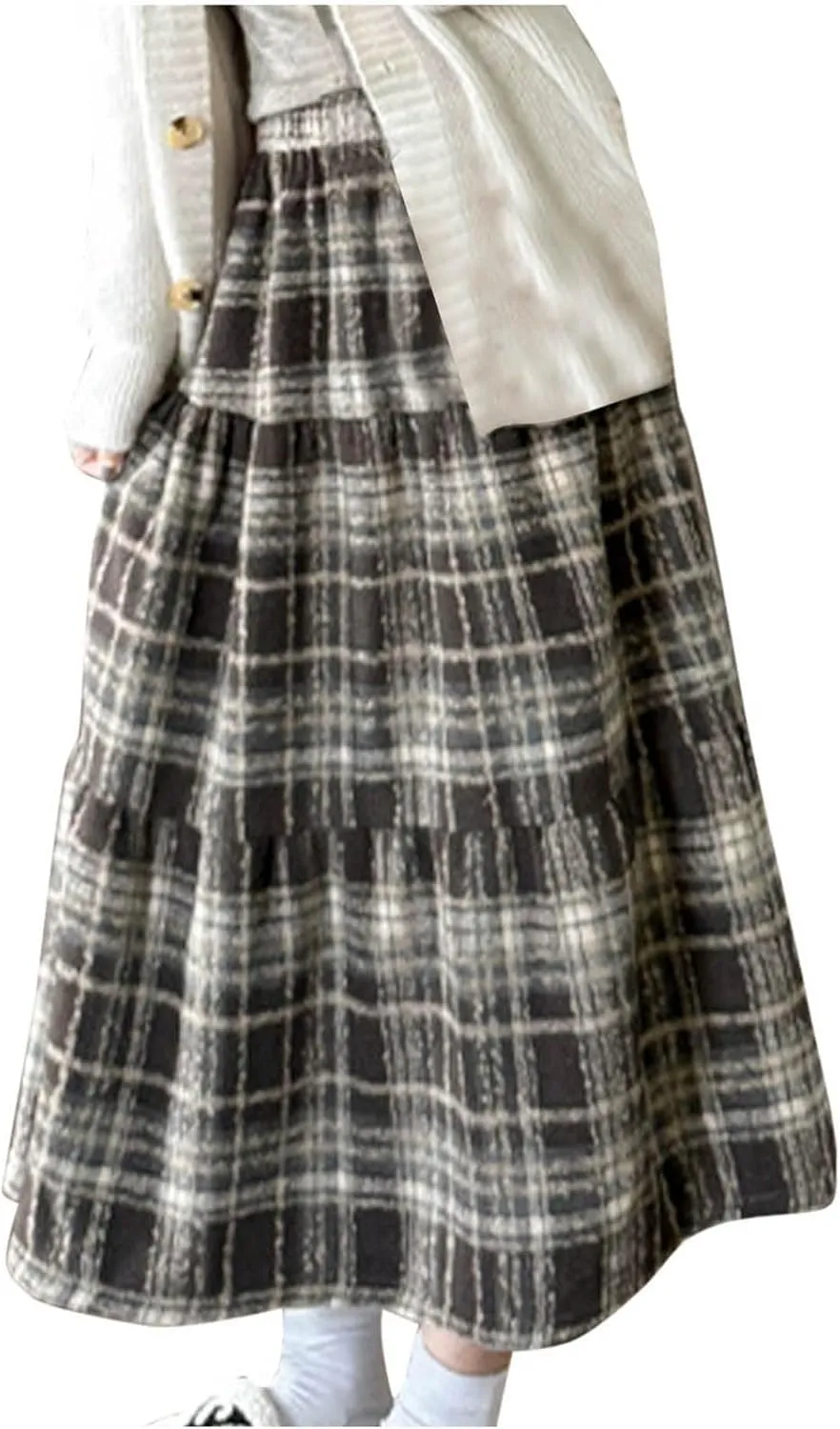 Tweed Skirts for Women Splicing Patchwork High Waisted Elastic Over Keen Length Skirt Plus Size Flowy Skirt Fashion