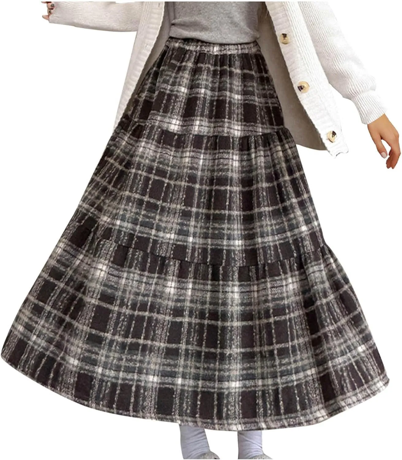 Tweed Skirts for Women Splicing Patchwork High Waisted Elastic Over Keen Length Skirt Plus Size Flowy Skirt Fashion