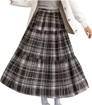 Tweed Skirts for Women Splicing Patchwork High Waisted Elastic Over Keen Length Skirt Plus Size Flowy Skirt Fashion