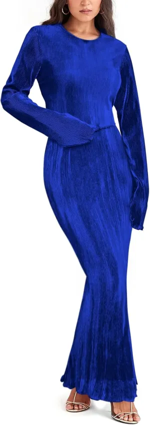 Two Piece Skirt Set for Women Long Sleeve Pleated Crew Neck Tops and High Wasit Bodycon Maxi Skirt Sets