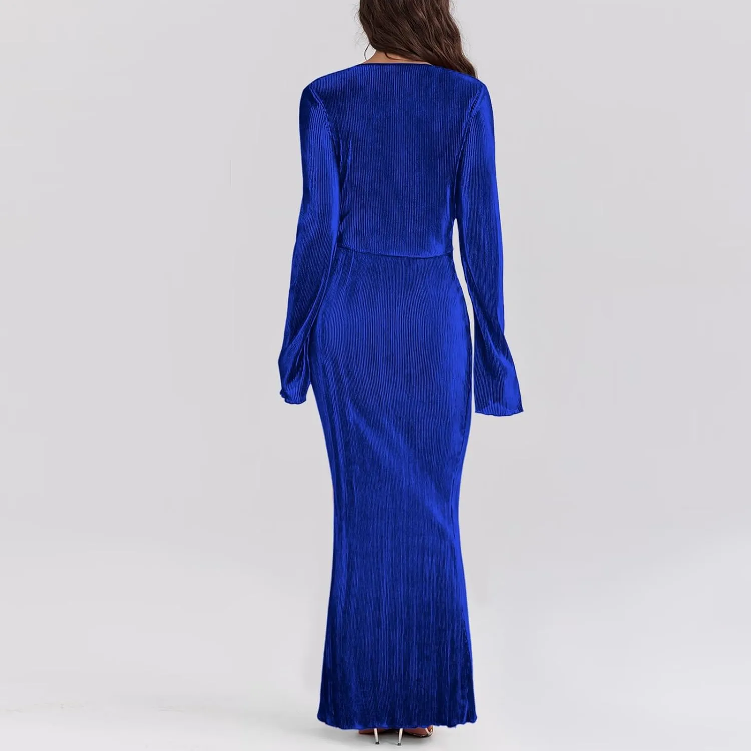 Two Piece Skirt Set for Women Long Sleeve Pleated Crew Neck Tops and High Wasit Bodycon Maxi Skirt Sets