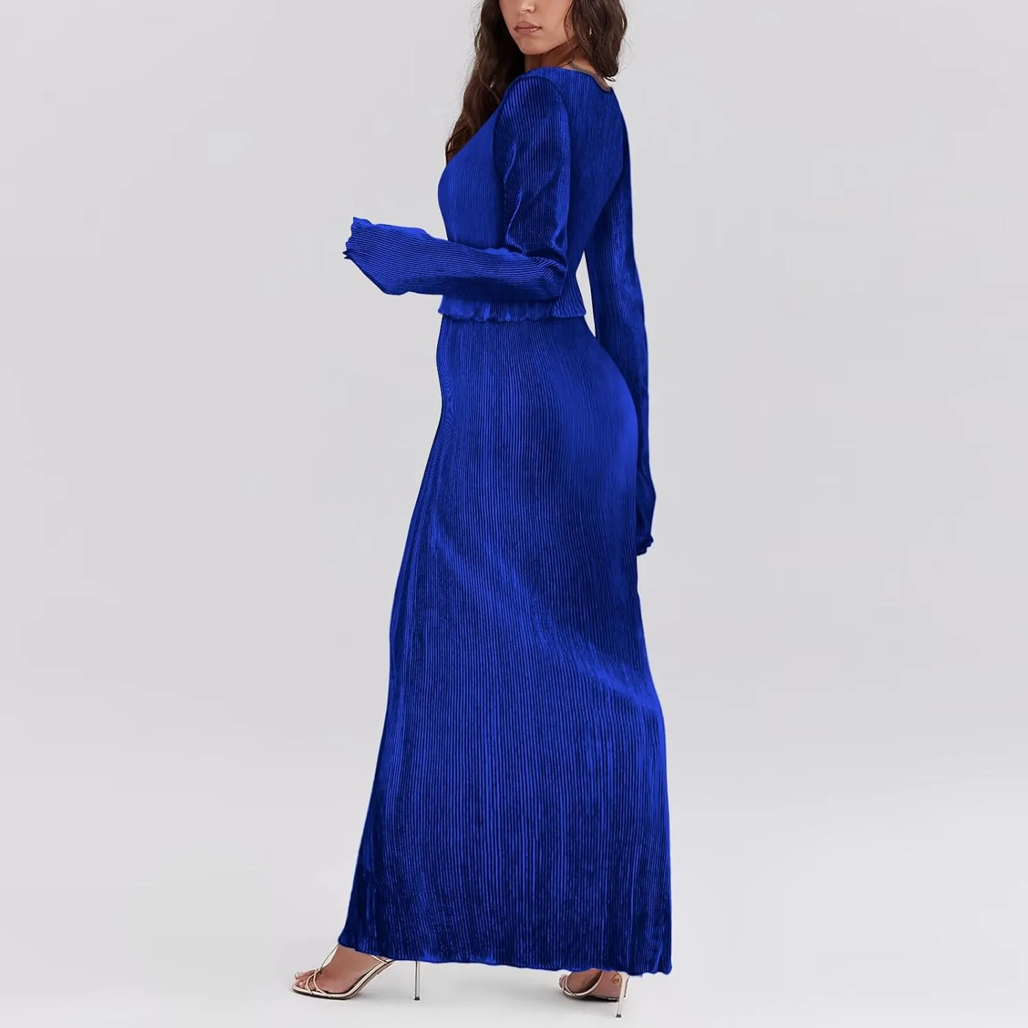 Two Piece Skirt Set for Women Long Sleeve Pleated Crew Neck Tops and High Wasit Bodycon Maxi Skirt Sets