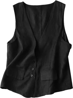 UATKIMI Womens Cotton Linen Vest Casual Loose V Neck Sleeveless Vests Jacket
