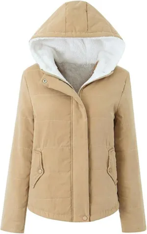 Uillui Fleece Lined Cotton Coat for Women Padded Thicken Plush Bread Jacket Hooded Long Sleeved Zipper Button Sherpa Outcoat