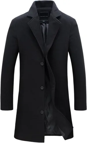 Uillui Mens Classic Pea Coat Wool Cashmere Notch Lapel Casual Trench Coat Winter Windproof Overcoat Single Breasted Top Coat