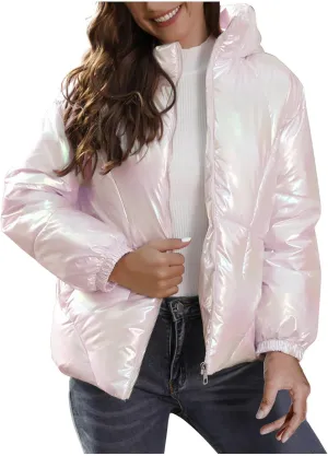 Uillui Puffer Down Jacket for Women Baggy Lightweight Bread Coat Fashion Glossy Cotton-Padded Jacket Hooded Short Down Coats