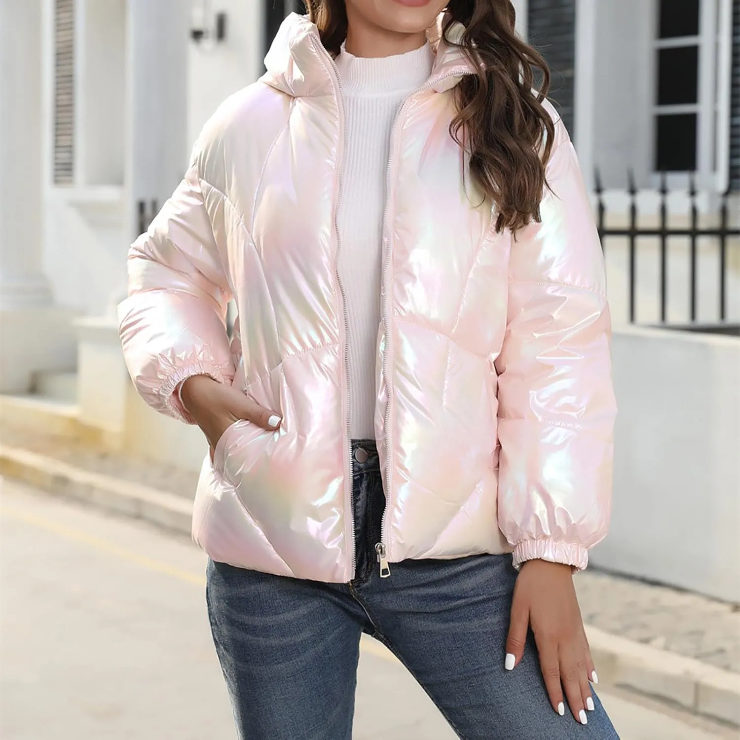 Uillui Puffer Down Jacket for Women Baggy Lightweight Bread Coat Fashion Glossy Cotton-Padded Jacket Hooded Short Down Coats