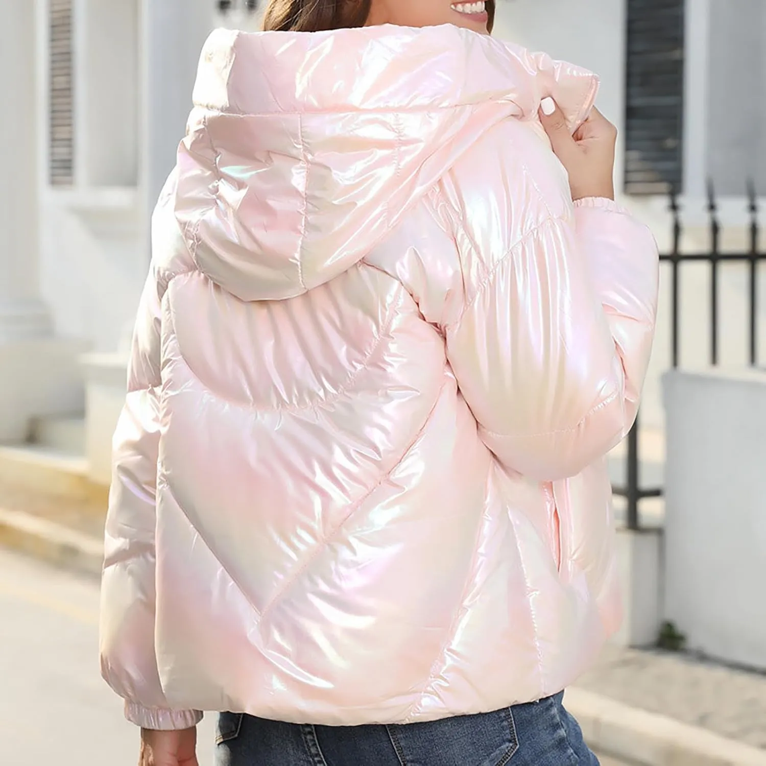 Uillui Puffer Down Jacket for Women Baggy Lightweight Bread Coat Fashion Glossy Cotton-Padded Jacket Hooded Short Down Coats