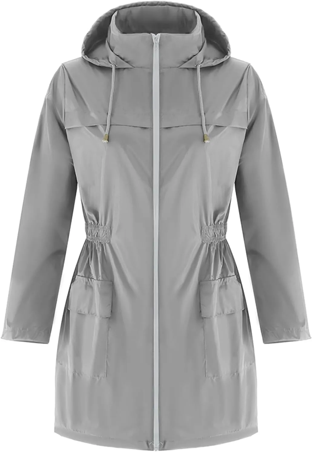 Uillui Womens Lightweight Hooded Trench Coat Waterproof Active Outdoor Rain Jacket Solid Color Mid-Length Windbreaker Jacket