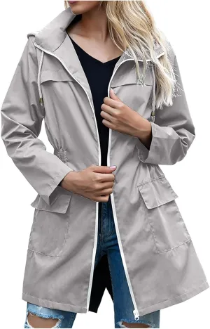 Uillui Womens Lightweight Hooded Trench Coat Waterproof Active Outdoor Rain Jacket Solid Color Mid-Length Windbreaker Jacket