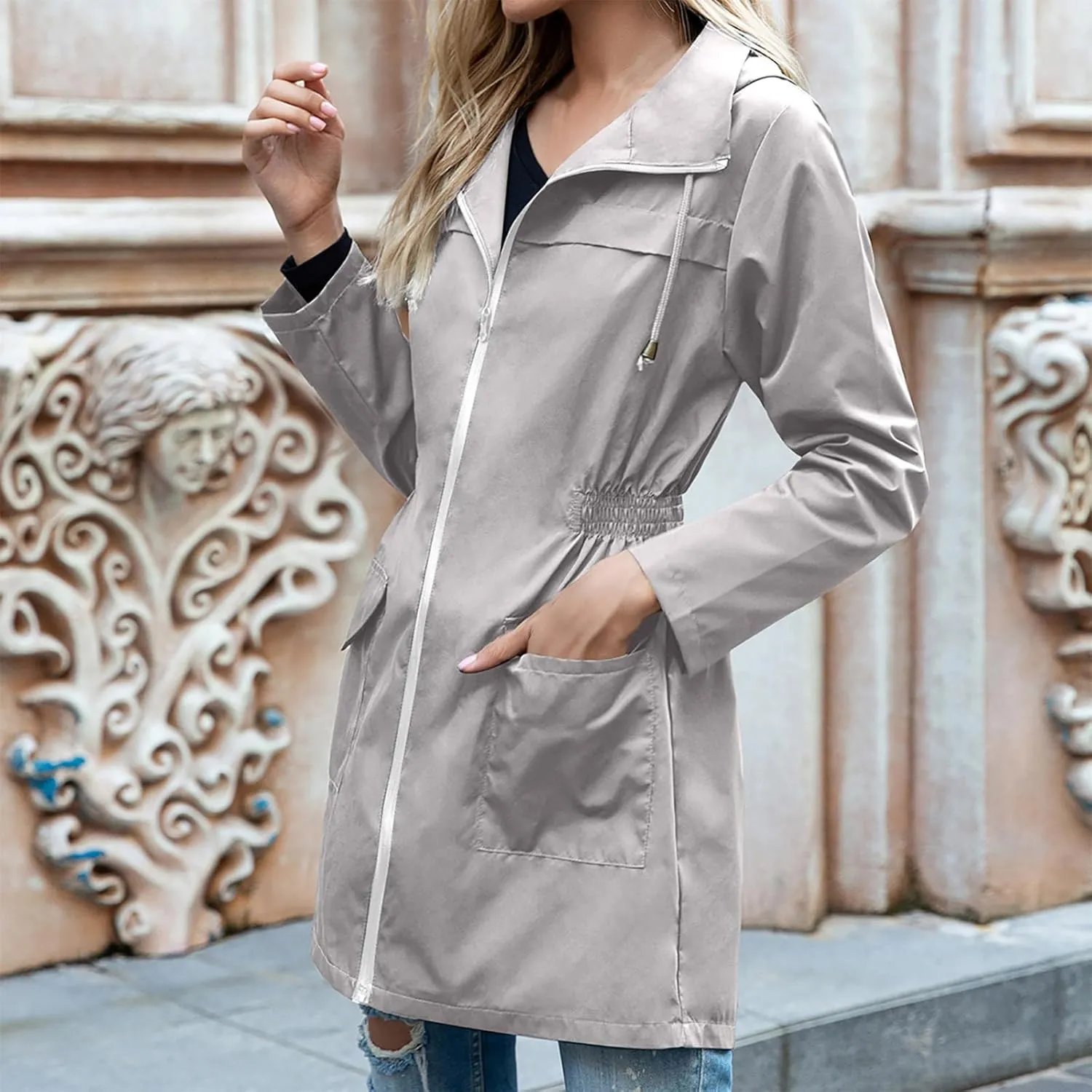 Uillui Womens Lightweight Hooded Trench Coat Waterproof Active Outdoor Rain Jacket Solid Color Mid-Length Windbreaker Jacket