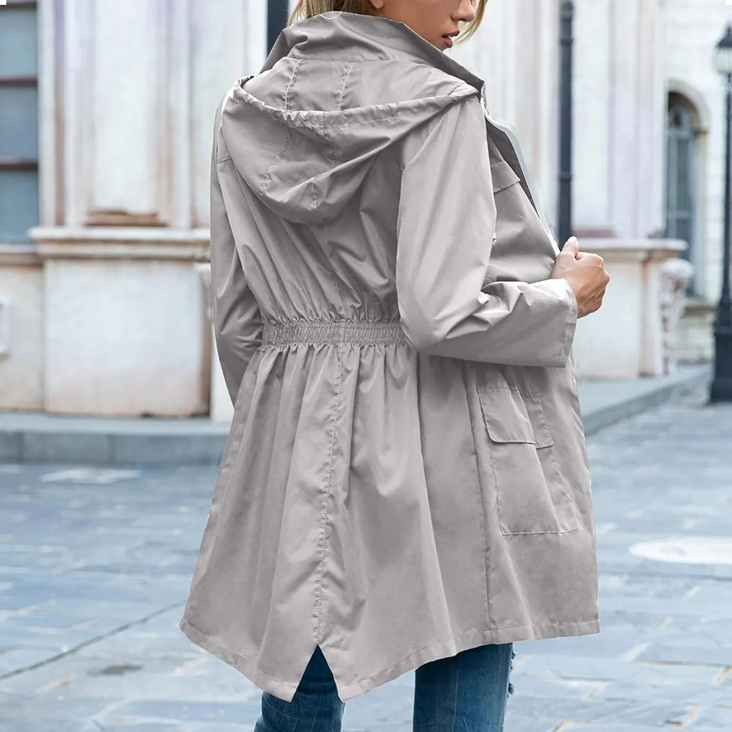 Uillui Womens Lightweight Hooded Trench Coat Waterproof Active Outdoor Rain Jacket Solid Color Mid-Length Windbreaker Jacket