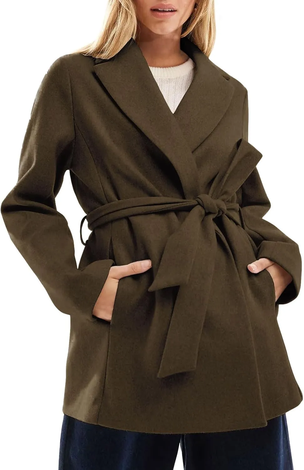 utcoco Women Fashion Belted Wool Trench Coat Notched Lapel Pea Coats Winter Warm Jackets with Pockets