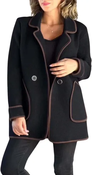 utcoco Women's Notched Lapel Wool Coats Color Block Trim Trench Coat Peacoat Casual Blazer Jacket with Pockets