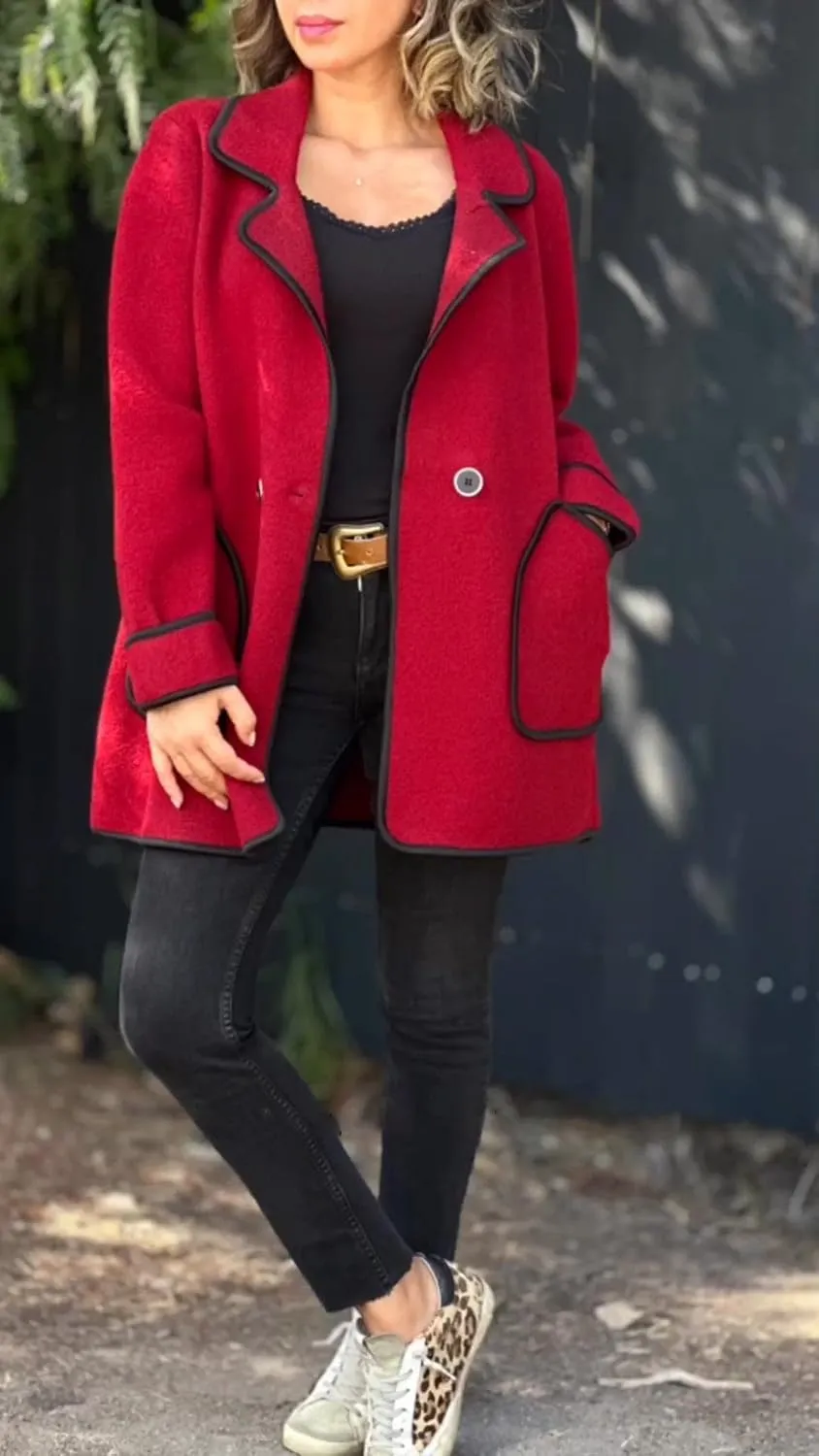 utcoco Women's Notched Lapel Wool Coats Color Block Trim Trench Coat Peacoat Casual Blazer Jacket with Pockets